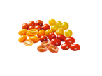 Rode en gele cherrytomaten, sommige gehalveerd.