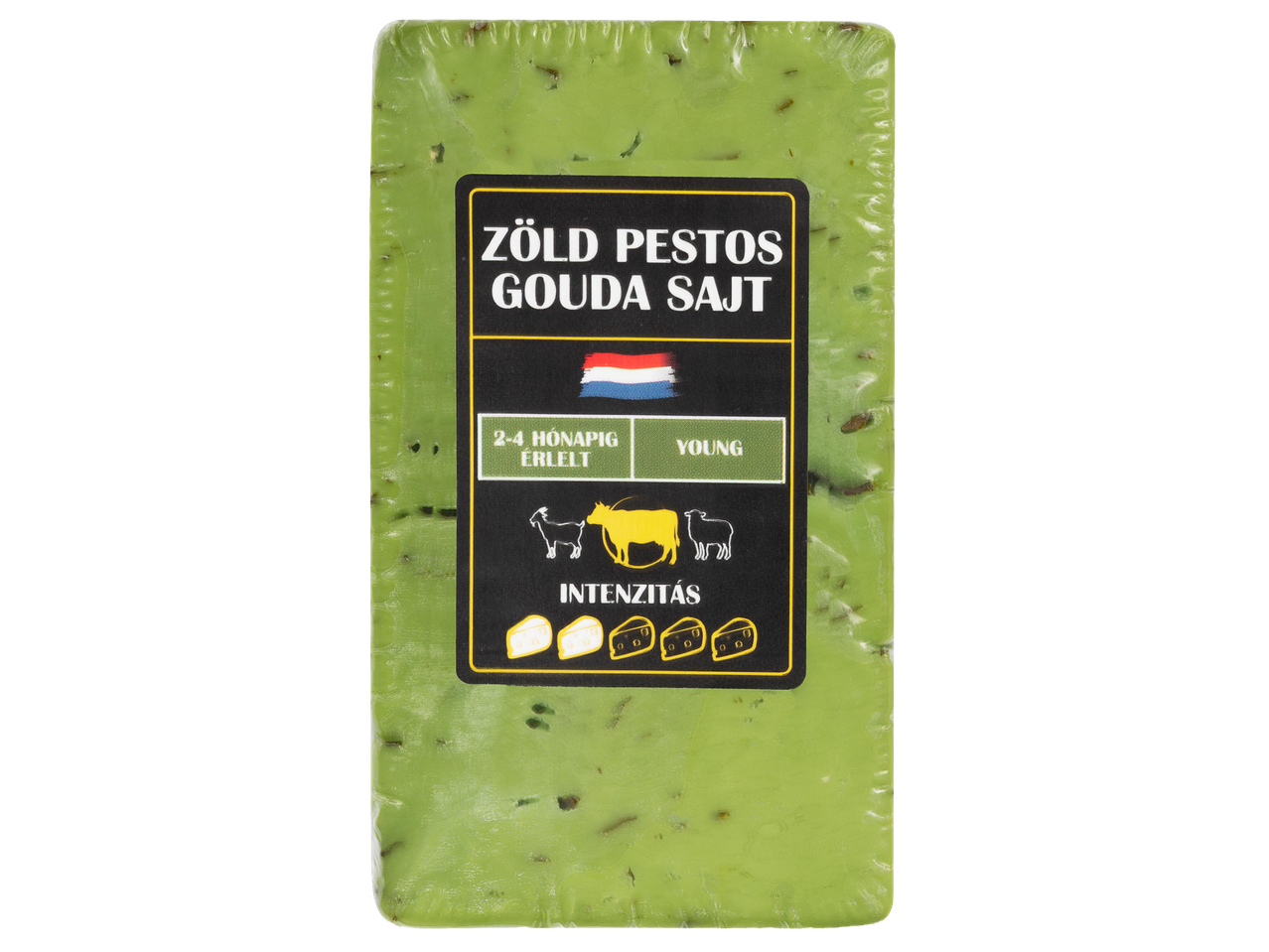 Zöld pestós gouda sajt, 2-4 hónapig érlelt, fiatal, tehén- és kecsketejből készült.