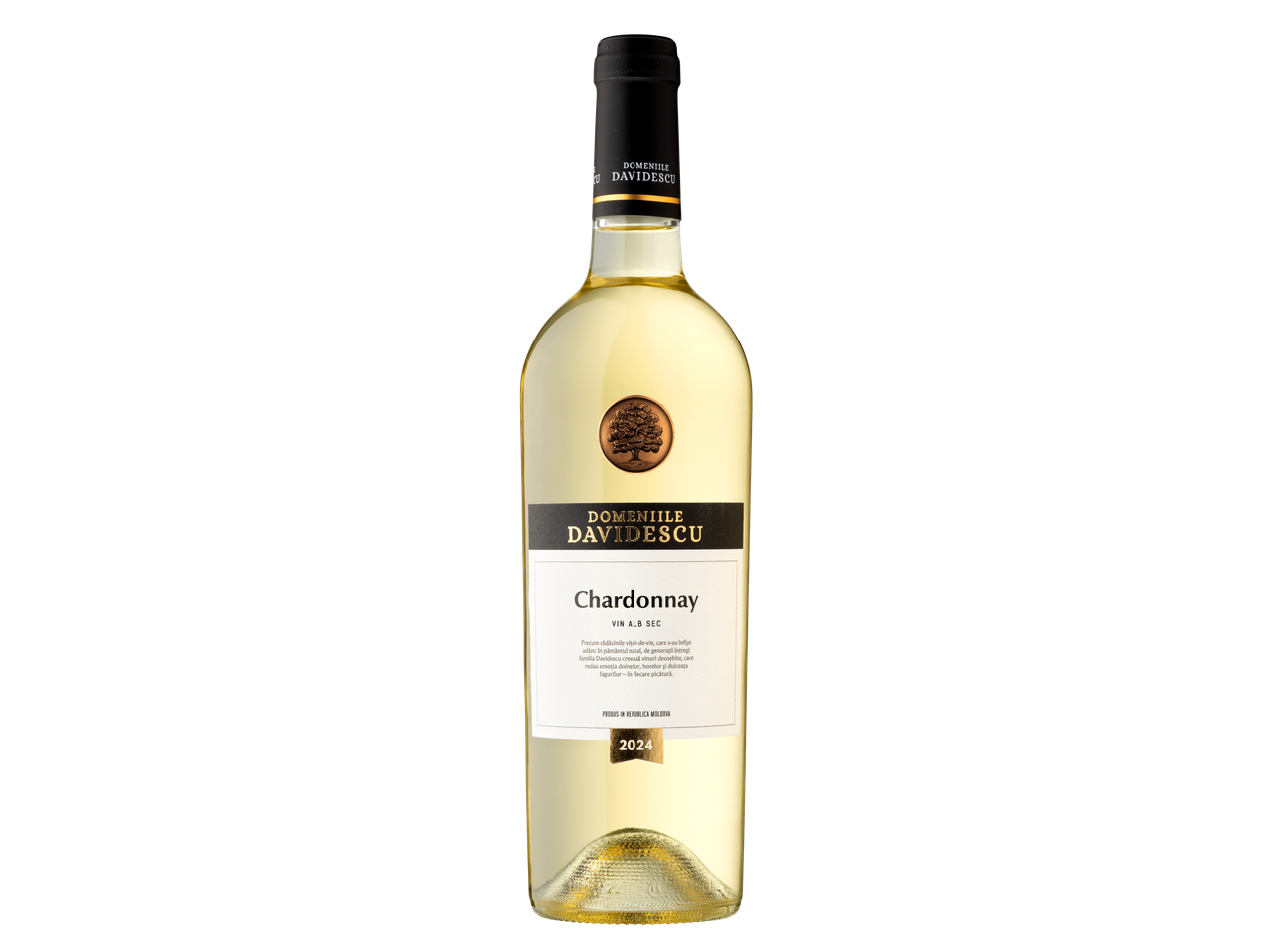 O sticlă de vin alb Chardonnay de la Domeniile Davidescu, cu etichetă neagră și albă.