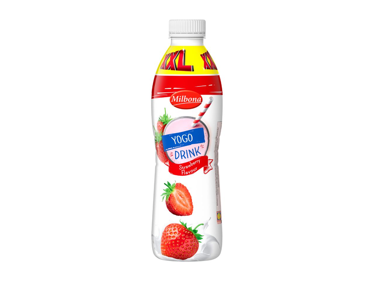 Strawberry yogurt drink bottle with a red and yellow label, featuring strawberries and a straw.