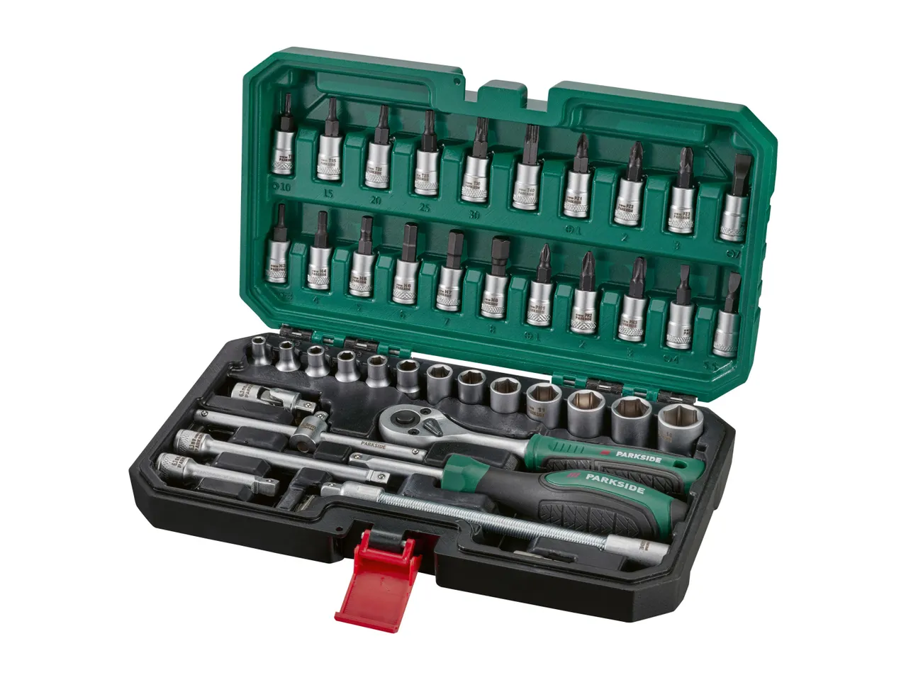 A green and black socket wrench set in a plastic carrying case.