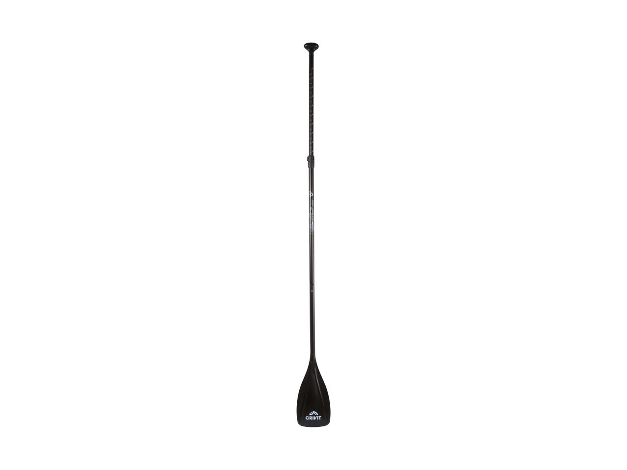 Adjustable black stand-up paddleboard paddle with a textured grip and a wide blade