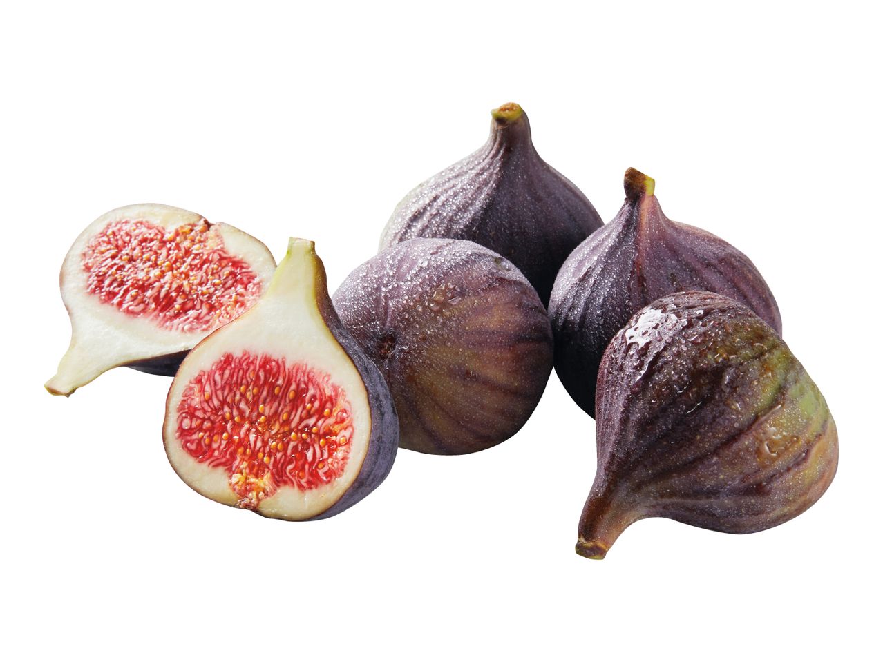 Fresh figs, some whole and some halved, showing their red flesh and seeds.