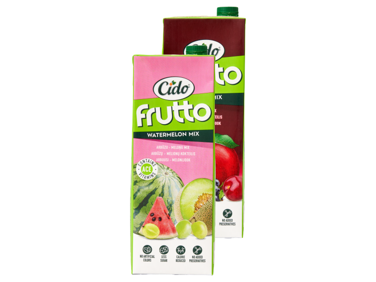 Divas Cido Frutto sulas pakas, viena ar arbūzu un meloņu maisījumu, otra ar ogu maisījumu.