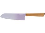 Coltello da cucina con lama viola e manico in legno chiaro, con il logo 'LIVARNO home'.