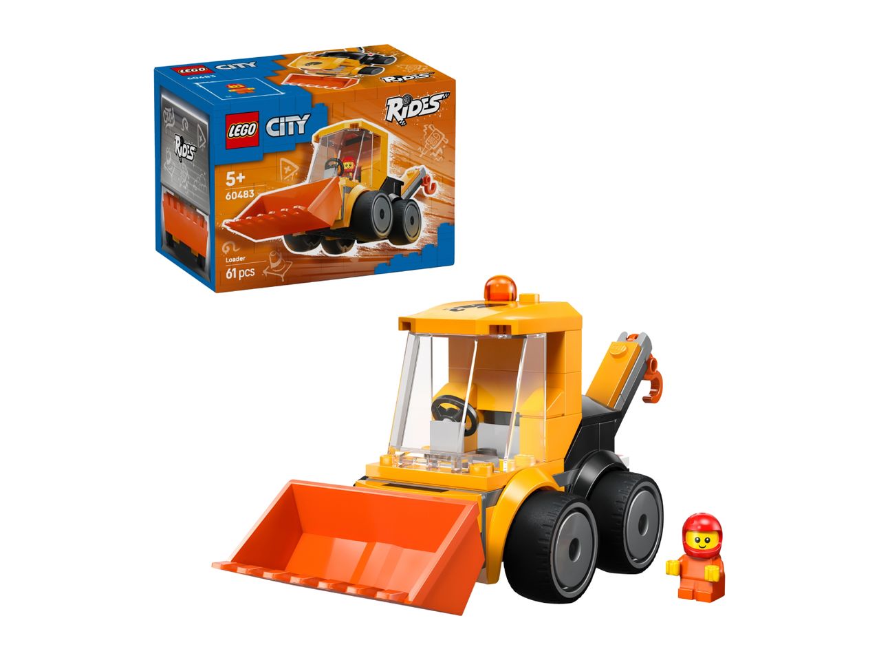 Toy construction loader with a minifigure, next to its product box.
