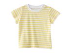 White and yellow striped short-sleeved baby t-shirt with shoulder snaps.