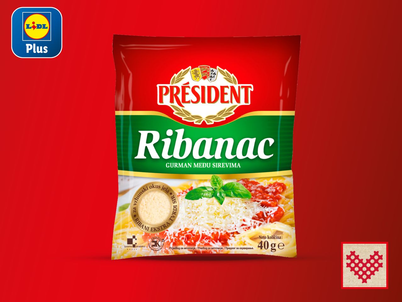 Pakiranje ribanog sira President Ribanac (40g) iz Lidla Plus.
