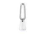 White and silver bladeless tower fan with a digital display