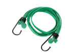 A green bungee cord with black hooks.