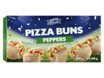 Trattoria Alfredo Pizza Buns Peppers, 250g, com fundo de estádio de futebol.