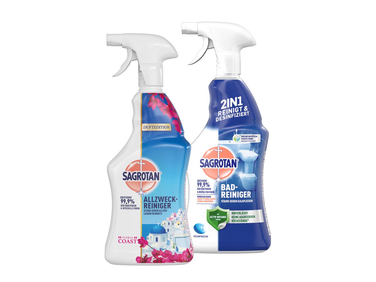 Zwei Sagrotan-Reinigungssprays: Allzweckreiniger (Floral Coast) und Badreiniger (Ozeanfrische).