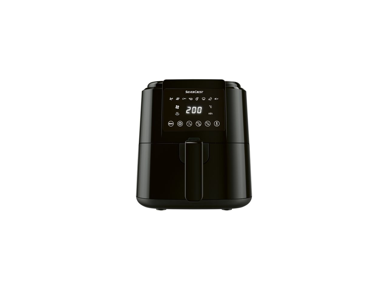 A black SilverCrest air fryer with a digital display showing 200°C.