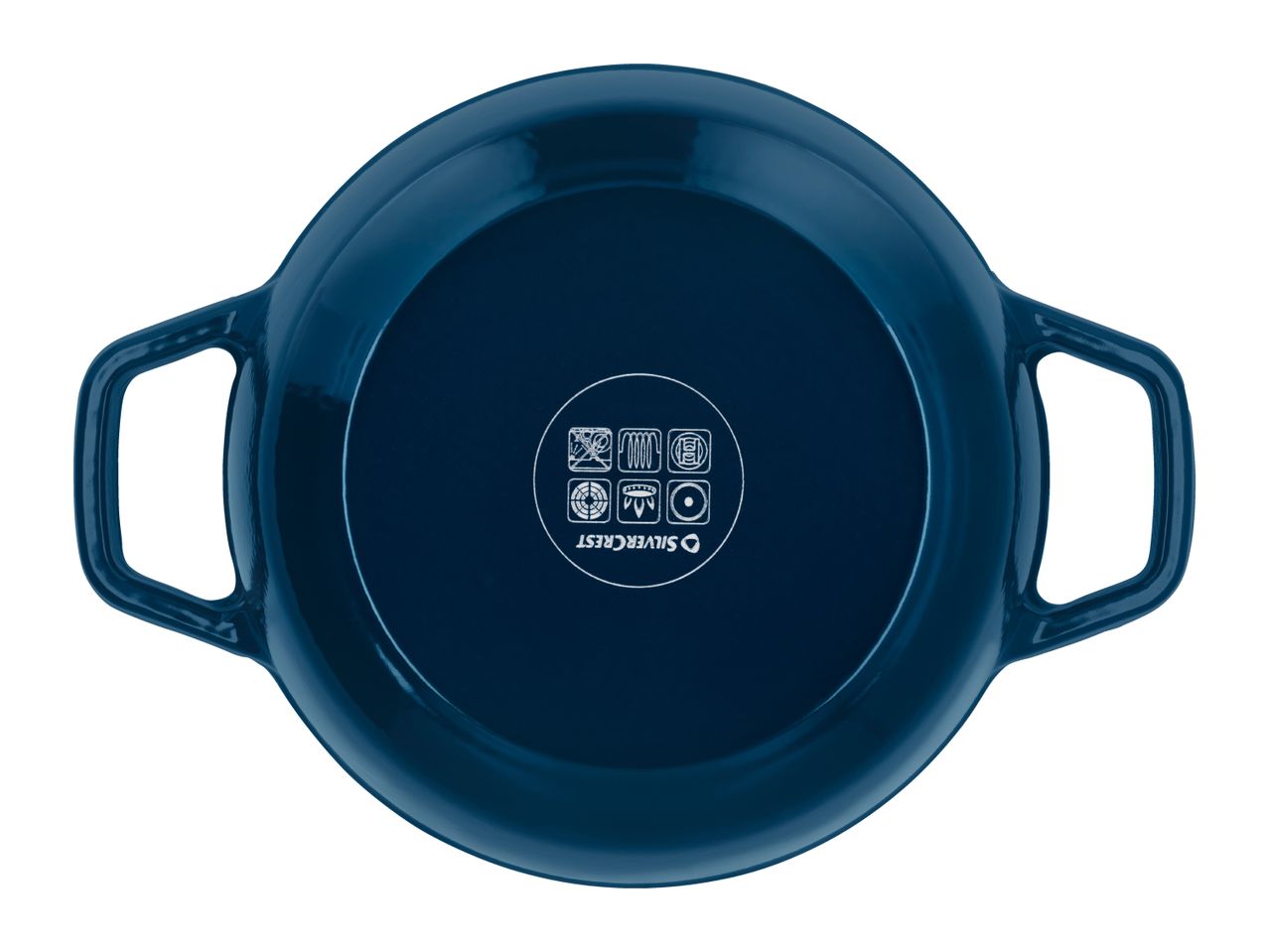 Bottom of a dark blue cooking pot with cooking hob compatibility symbols.