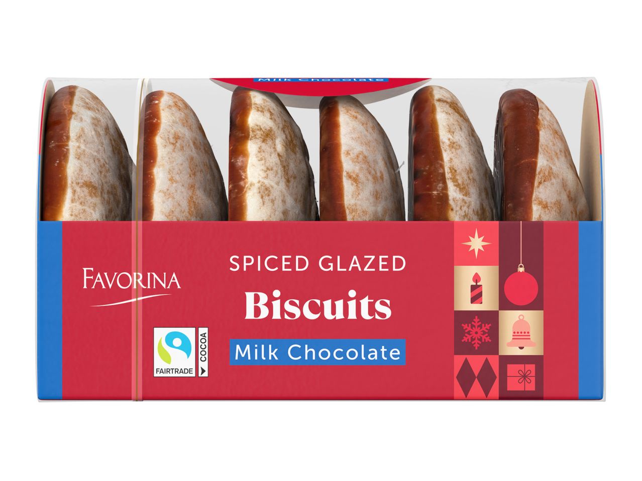A package of spiced glazed biscuits with milk chocolate, decorated with festive Christmas icons.
