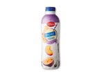 En flaske fersken- og passionsfrugtyoghurt med et sugerør og frugtillustrationer.