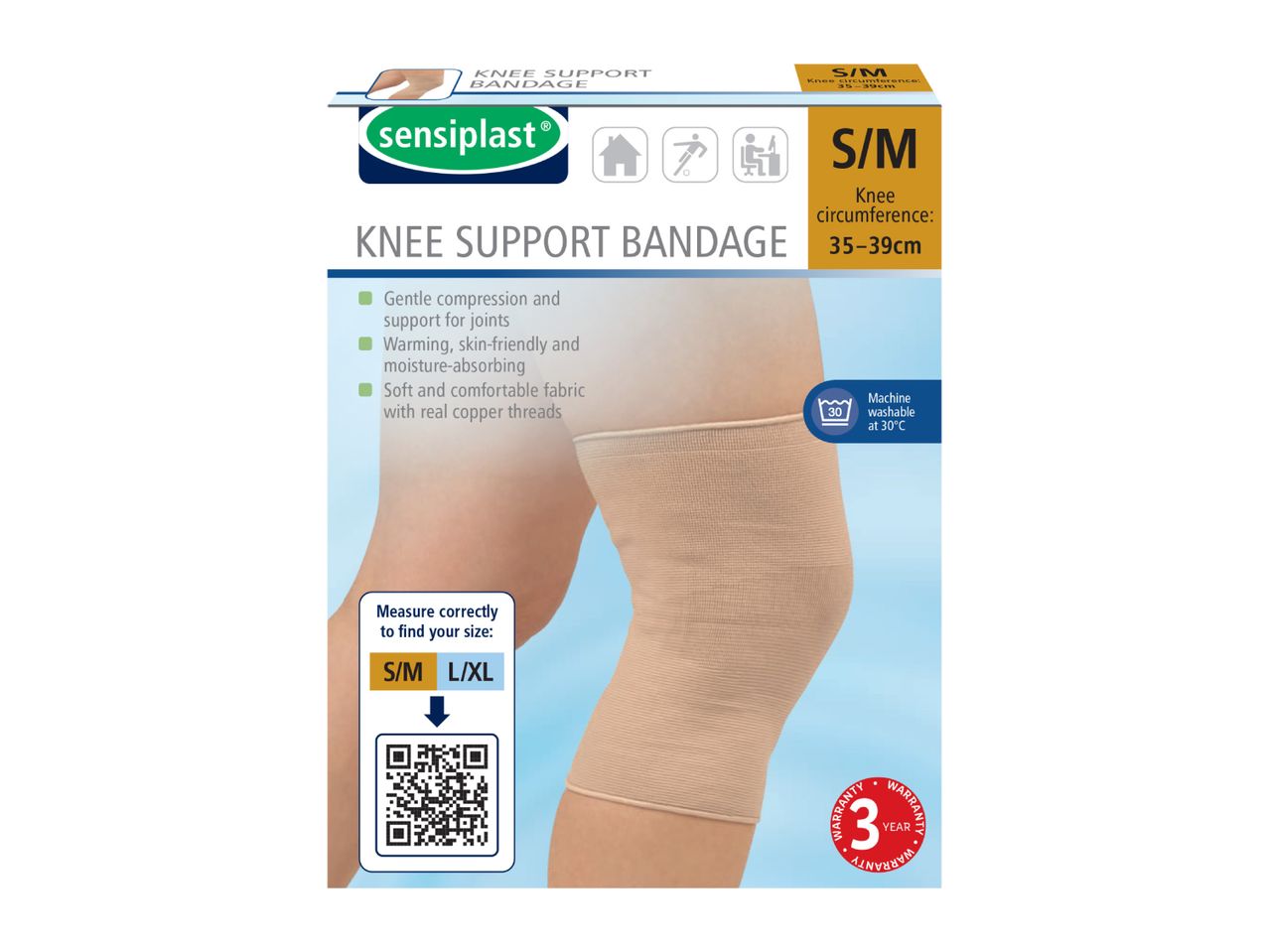 Sensiplast knee support bandage, size S/M, with features and sizing guide.