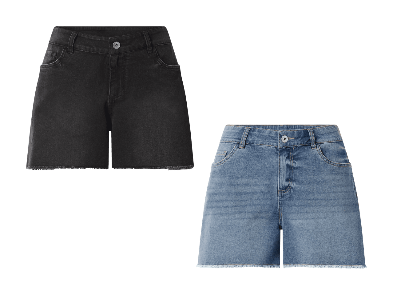 Deux shorts en jean, un noir et un bleu, avec des ourlets effilochés.