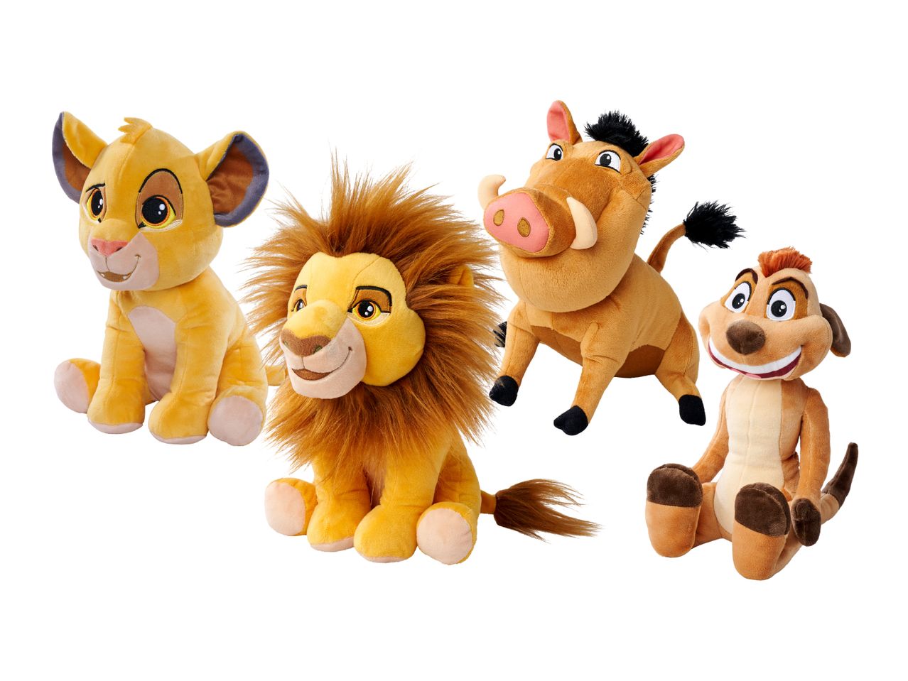 'Liūto karaliaus' pliušiniai žaislai: Simba, Mufasa, Pumba ir Timonas.