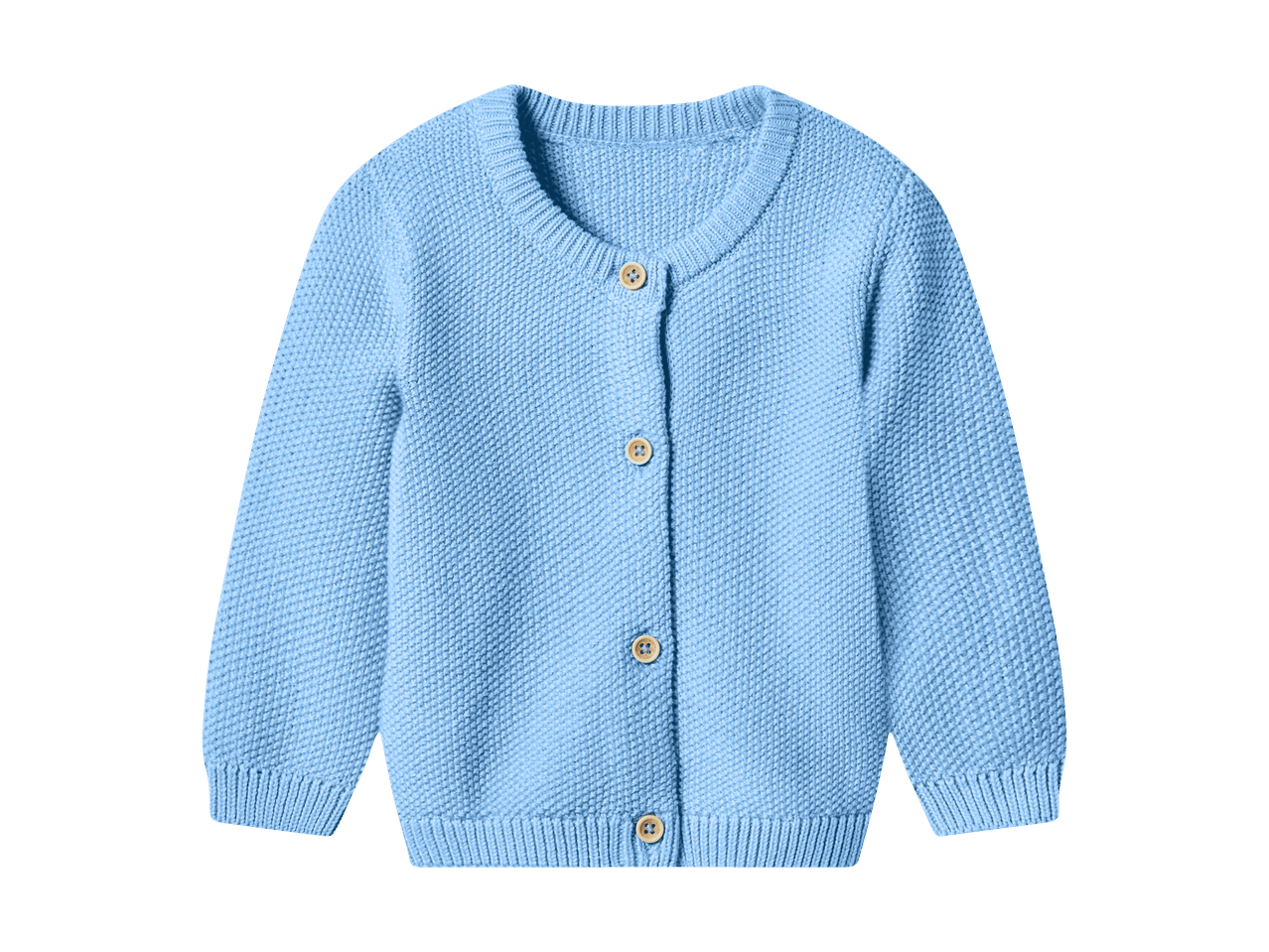 Lyseblå strikket cardigan til babyer med knapper.