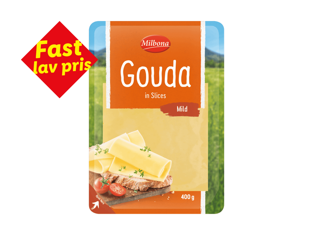 Pakke med skiveskåret Gouda ost, mild, 400g, med et rødt mærke der siger 'Fast lav pris'.