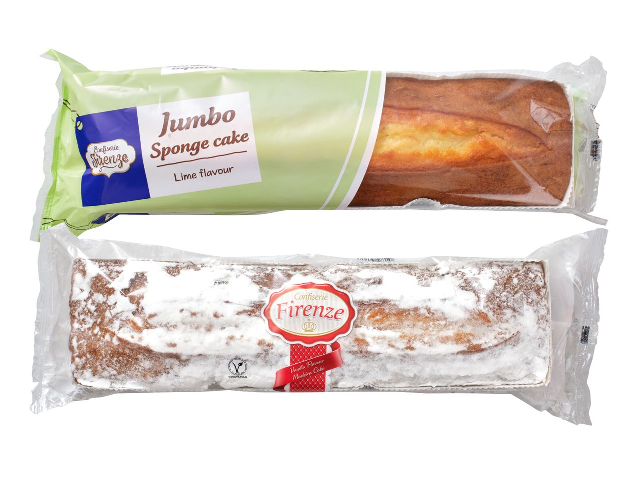 Divas iepakotas Confiserie Firenze kūkas: viena laima biskvīta kūka, otra vaniļas Madeiras kūka.