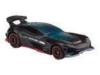 A Hot Wheels black and teal sports car with red accents and a rear spoiler.