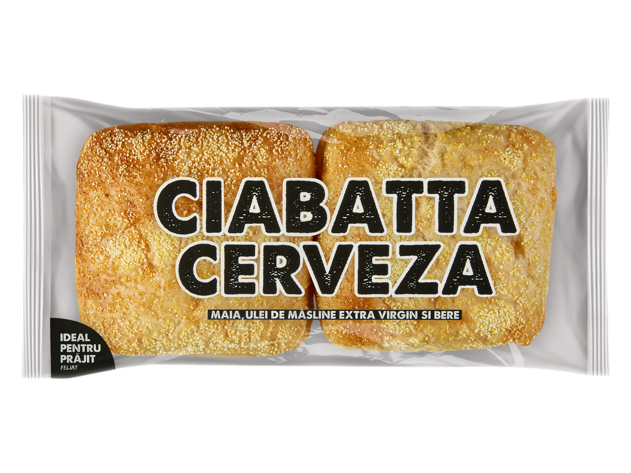Ciabatta Cristal Cerveza, două pâini în ambalaj, cu text despre maia, ulei de măsline și bere.