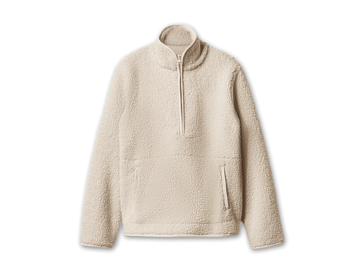 Cremefarbener Fleece-Pullover mit Reißverschluss und Taschen