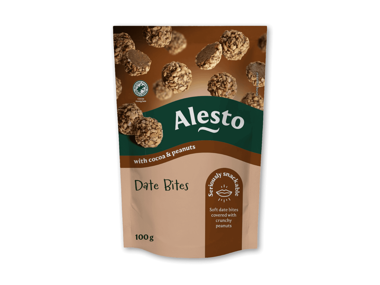 Dadelbidder med kakao og peanuts i en pose, der viser de snackbare bidder.