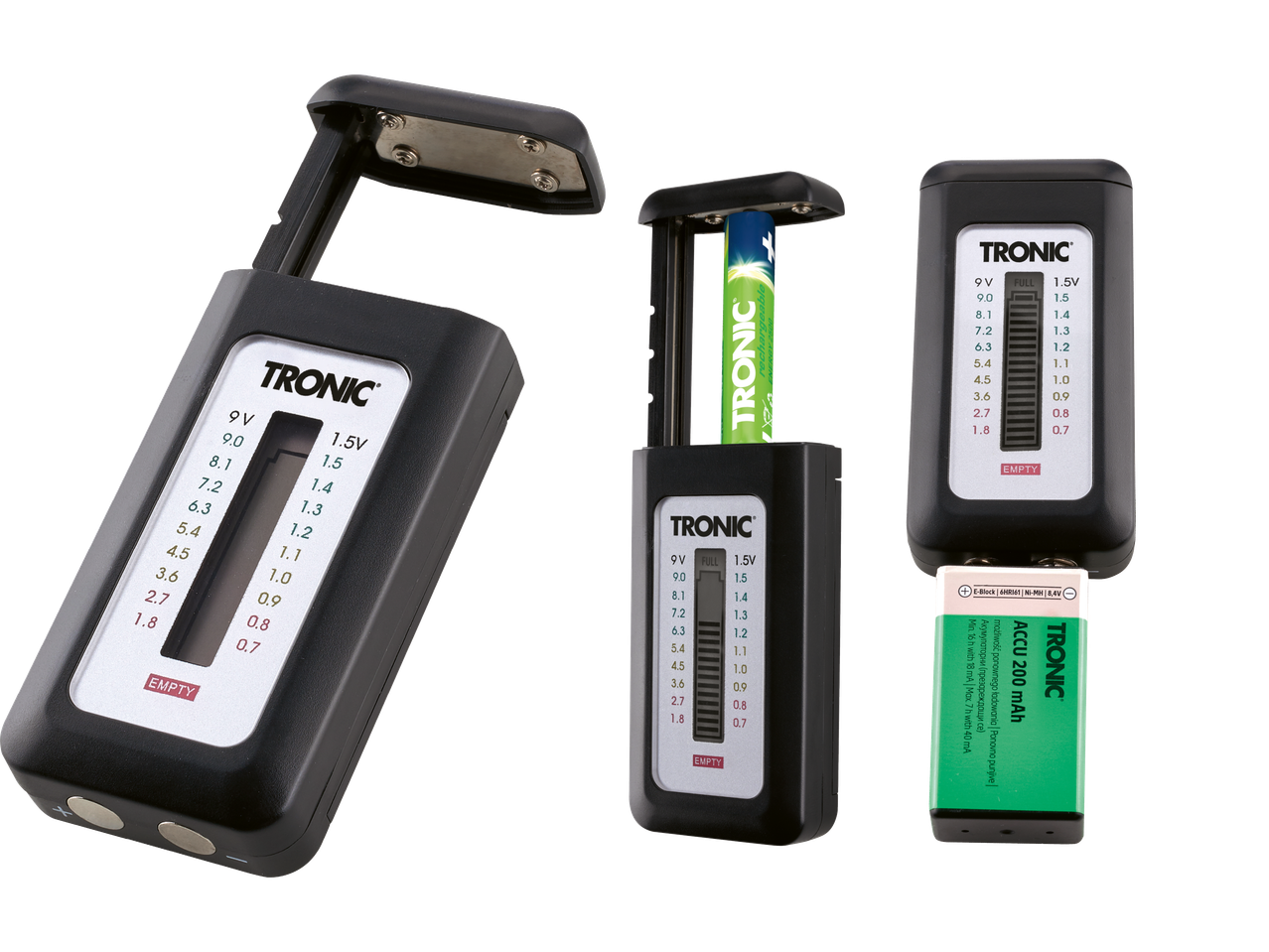 Tronic batteritestare med olika batterier i olika laddningsnivåer.