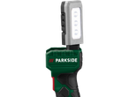 Lampă de lucru Parkside verde cu cap LED gri.