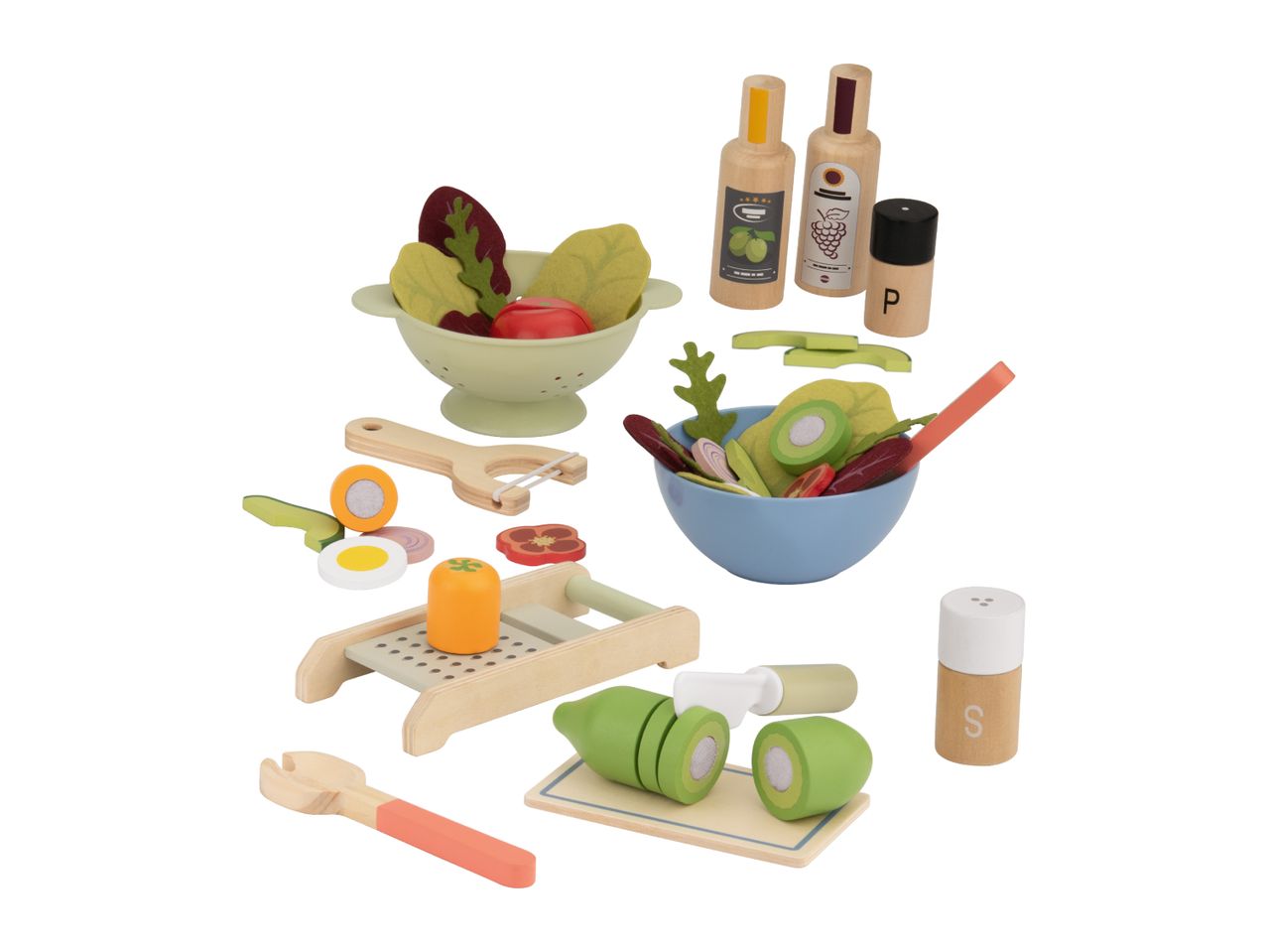 Wooden toy salad set with bowl, colander, vegetables, grater, peeler, oil, vinegar, salt, and pepper.