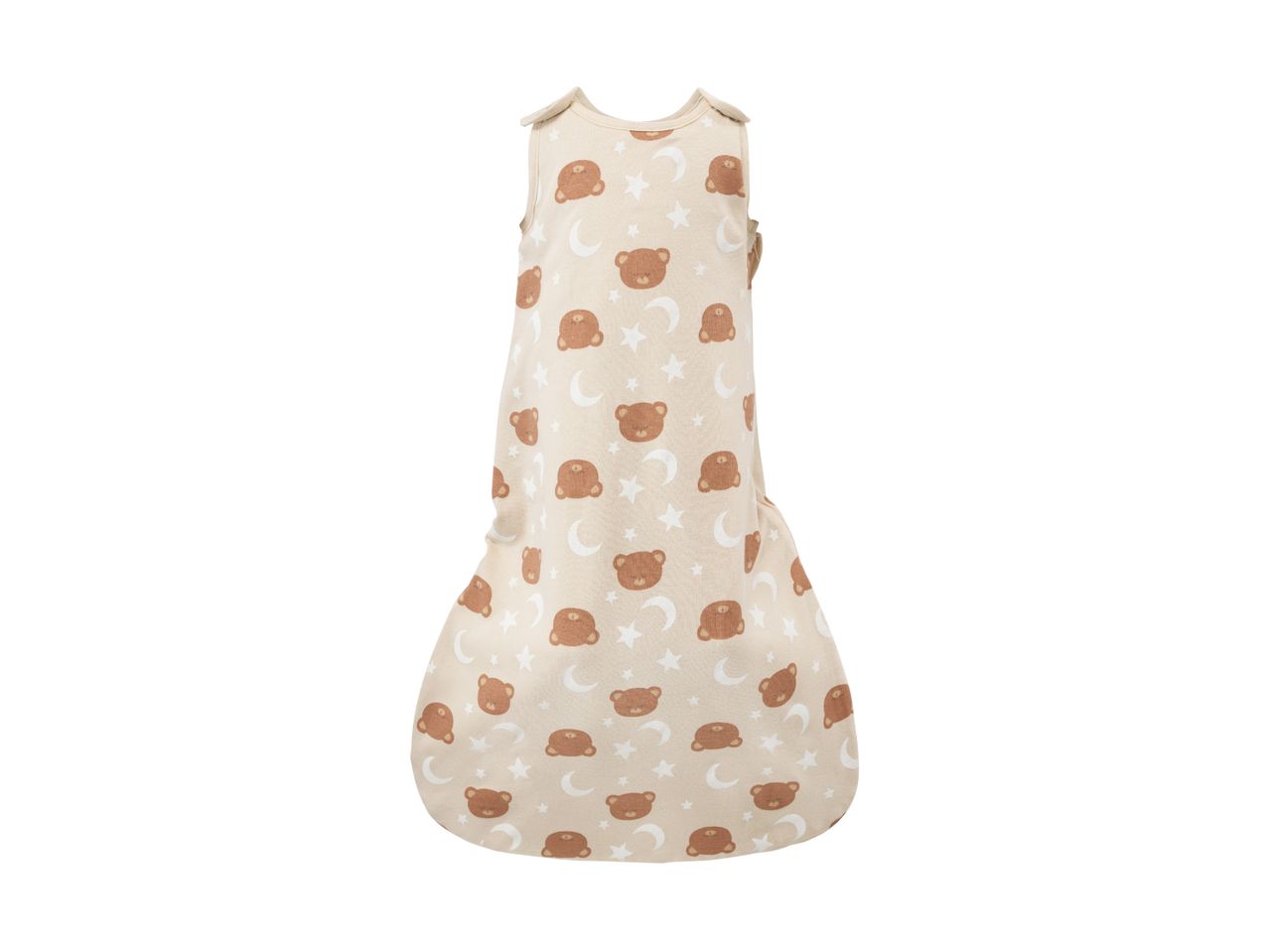 Baby sleeping bag with a beige background and a pattern of brown sleeping bears, moons, and stars.