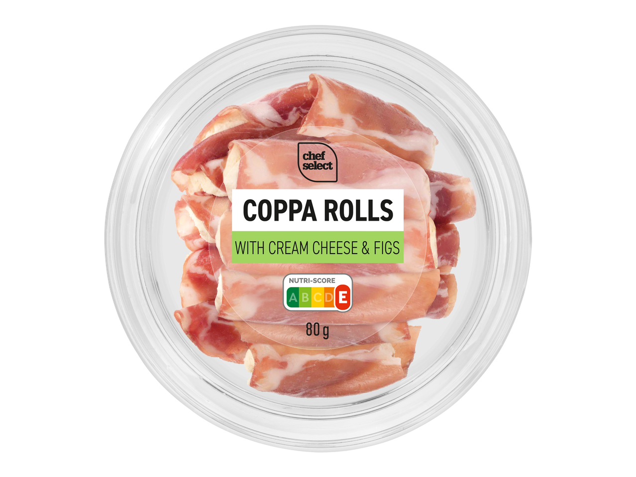 Rouleaux de coppa avec du fromage frais et des figues, 80g, Nutri-Score E.