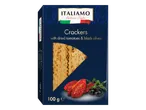 Boîte de crackers aux tomates séchées et olives noires, 100 g, style italien.