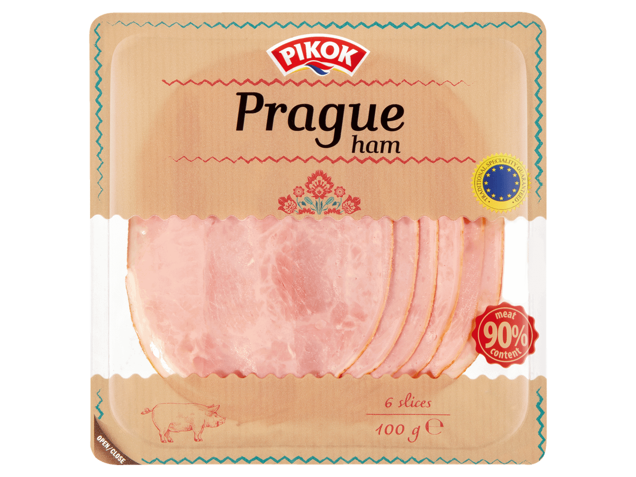 Szeletelt prágai sonka 90%-os hústartalommal, 100 g-os kiszerelésben.