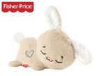A soft, plush bunny toy with closed eyes and a small embroidered heart on its back.
