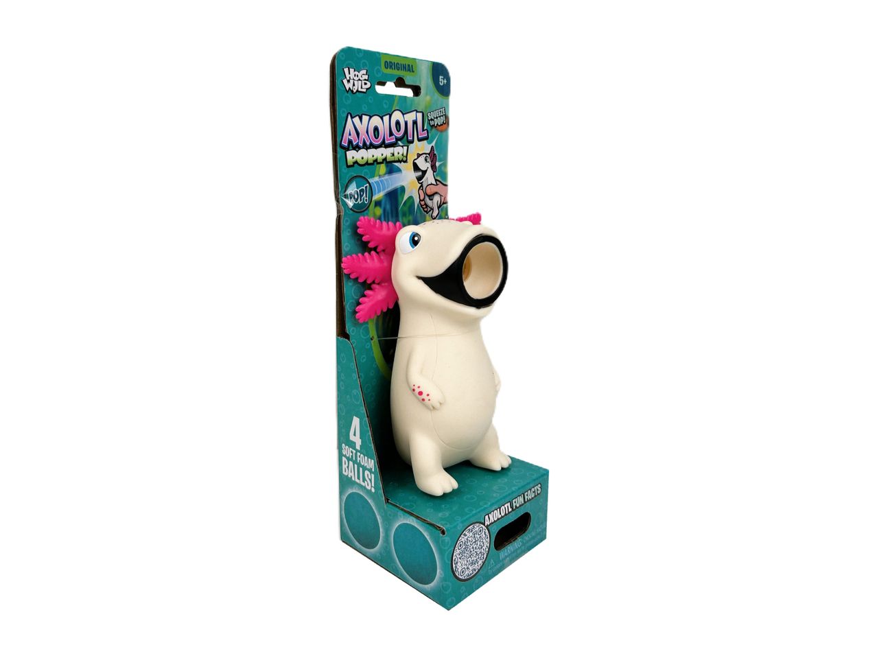 Axolotl Popper toy in packaging, with '4 Soft Foam Balls!' and 'Axolotl Fun Facts' visible.