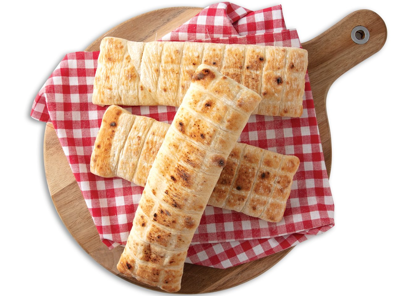 Hrskavi, pečeni štapići kruha na drvenoj dasci.
