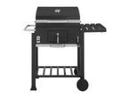 Black charcoal grill with a side shelf, bottom rack, and wheels.