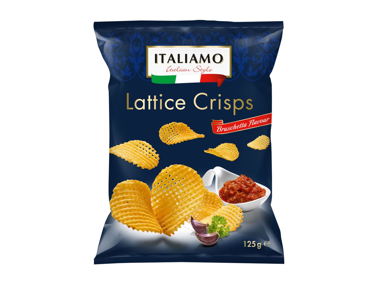 A bag of Italian Lattice Crisps, Bruschetta Flavour, with a bowl of bruschetta dip.