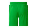 Green athletic shorts with an elastic waistband, back view.