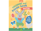 Easter colouring and puzzle book for children aged 4+ with stickers, featuring a bunny, chick, and hen.