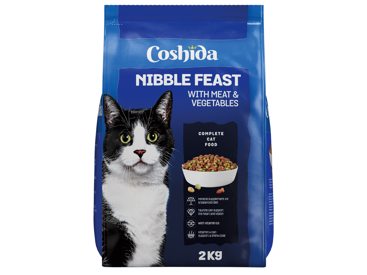 Пакет храна за котки с надпис „NIBBLE FEAST WITH MEAT & VEGETABLES“, 2 кг