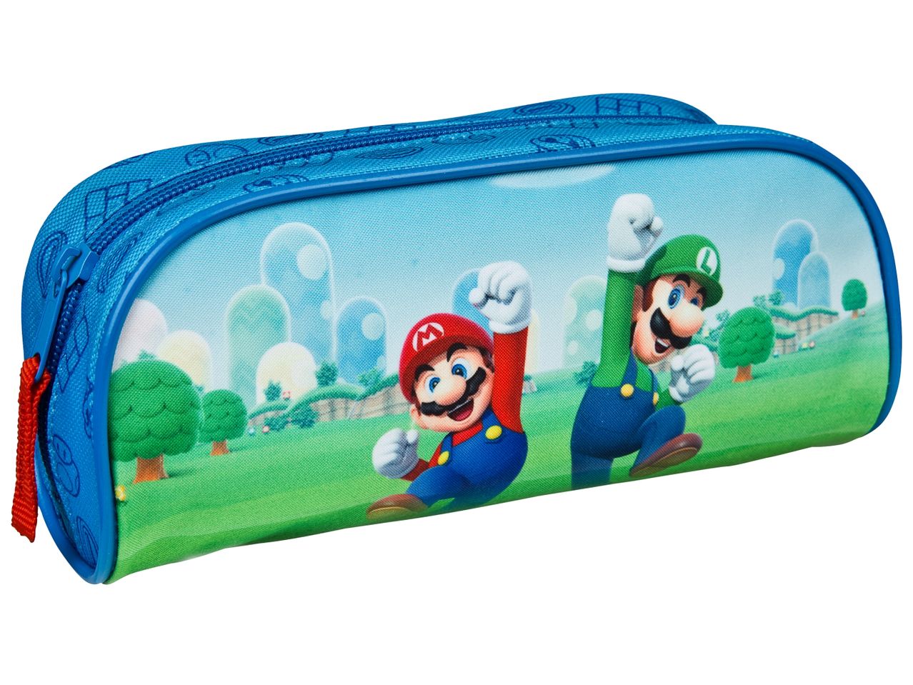 Син несесер с цип, изобразяващ Марио и Луиджи от Super Mario Bros.