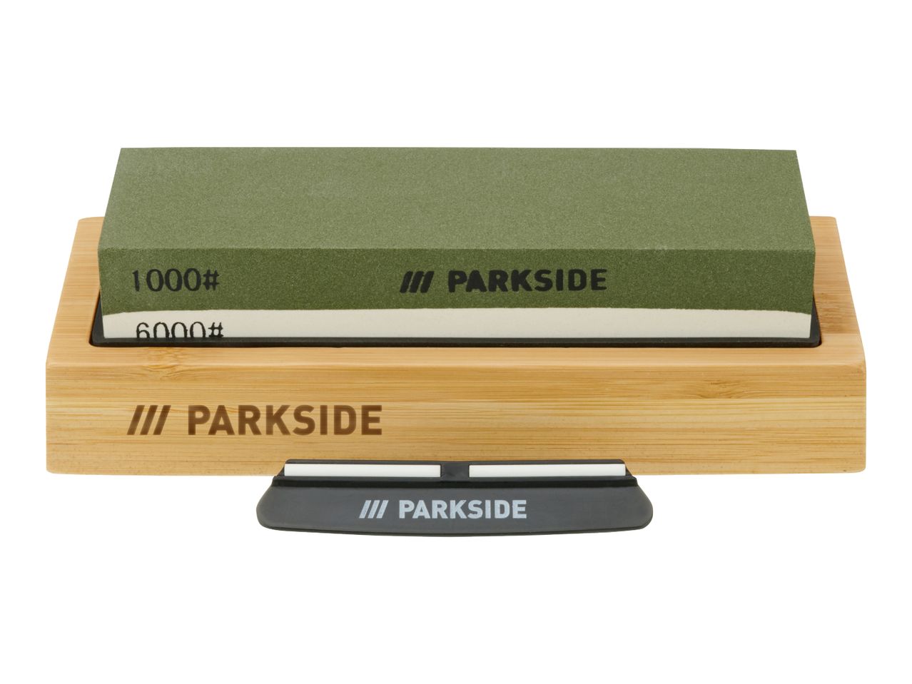 Dual-sided sharpening stone (1000/6000 grit) on a bamboo base with a sharpening guide.