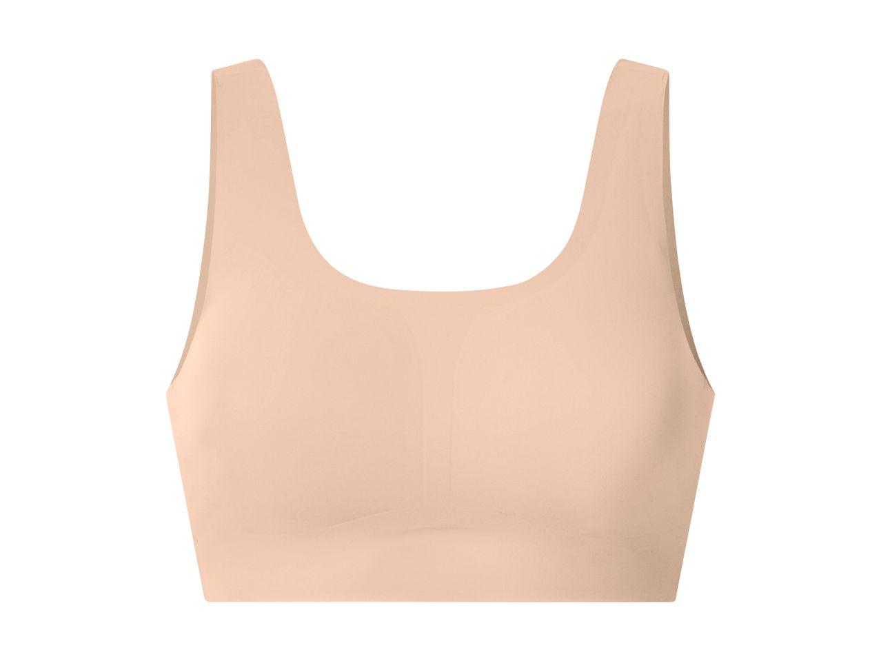 En beige sports-bh eller bralette med brede stropper og en glat finish.