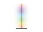 A tall, slender floor lamp with a black base, emitting a gradient of rainbow colors.