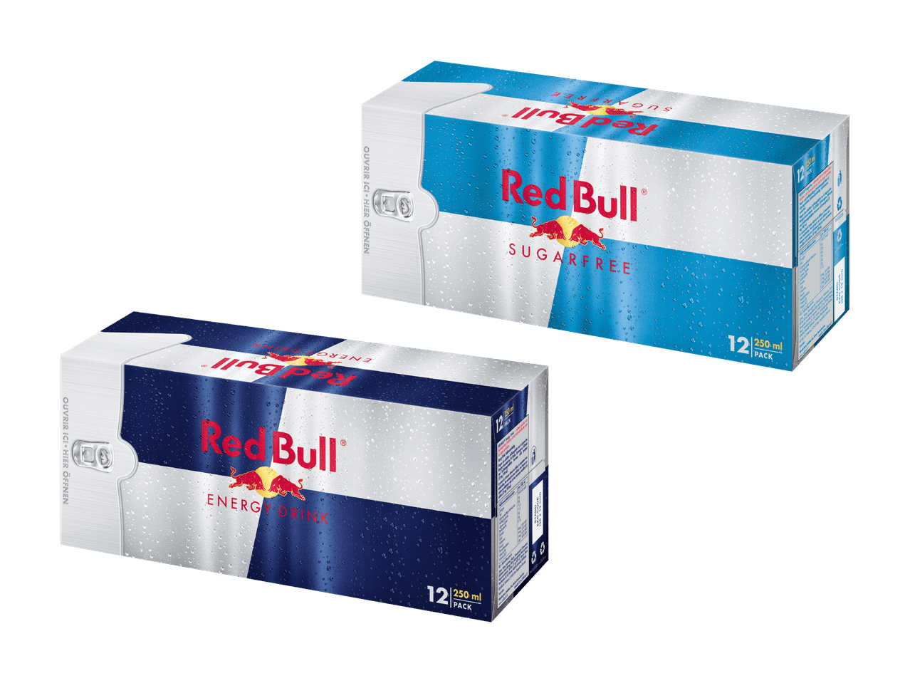 Zwei 12er-Packs Red Bull, einer klassisch und einer zuckerfrei.